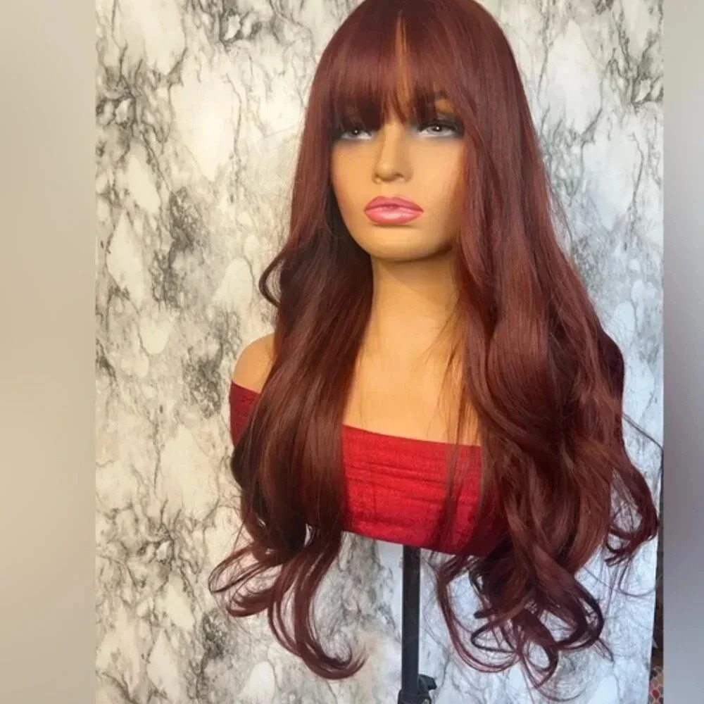 Burgundy Red Long Wavy Wig Natural Realistic Hair look - Picture 2 of 6